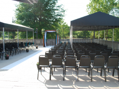 The Pondside Patio accommodates up to 200 guests, features outdoor lighting for nighttime events, and can be covered.